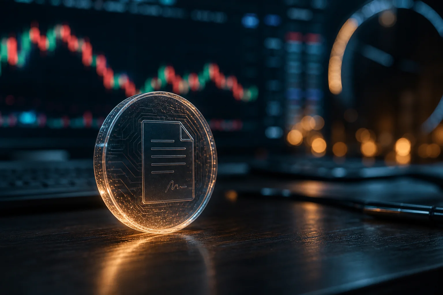 A glowing digital coin stands on a desk, with blurred stock charts and a laptop in the background.