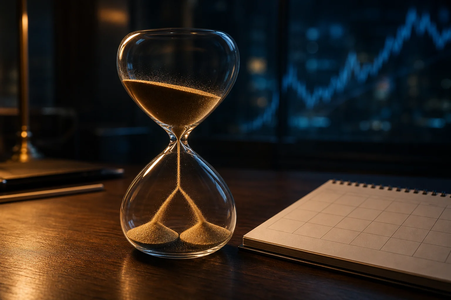 An hourglass sits on a desk beside a blank notebook, with a blurred stock chart glowing in the background.
