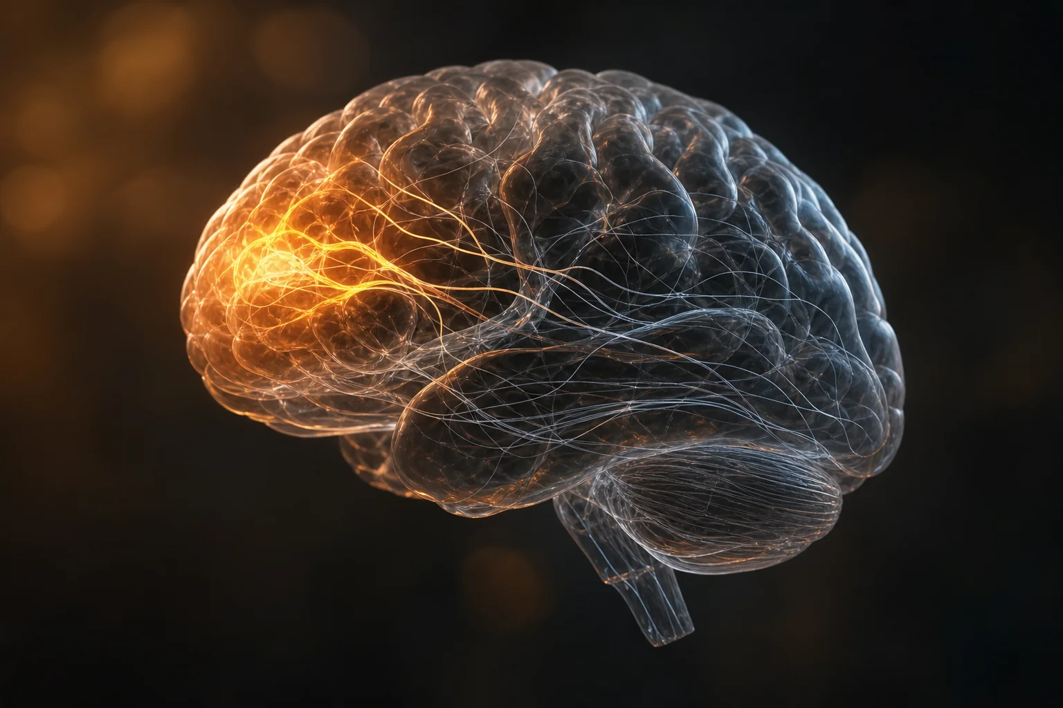A glowing 3D brain on a dark background, with orange highlights and fine network-like lines.