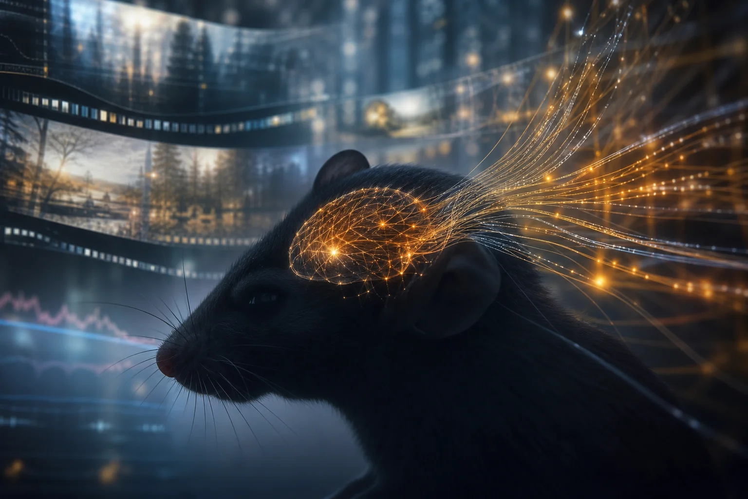 A dark mouse in profile against glowing film strips and abstract light trails, with a stylized illuminated brain overlay.
