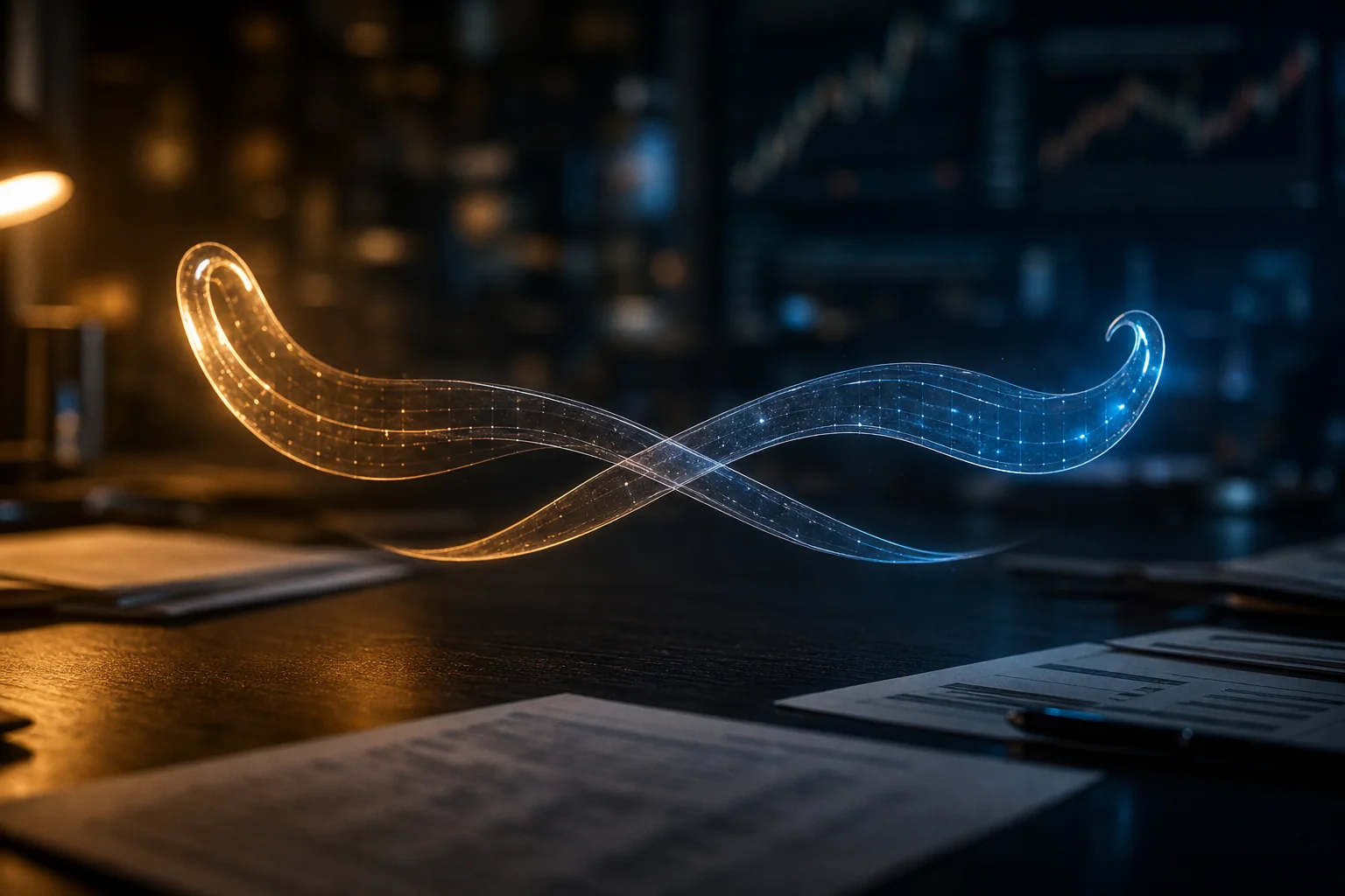 Glowing orange and blue ribbon-like curves hover above a desk in a dim office, with papers in the foreground.