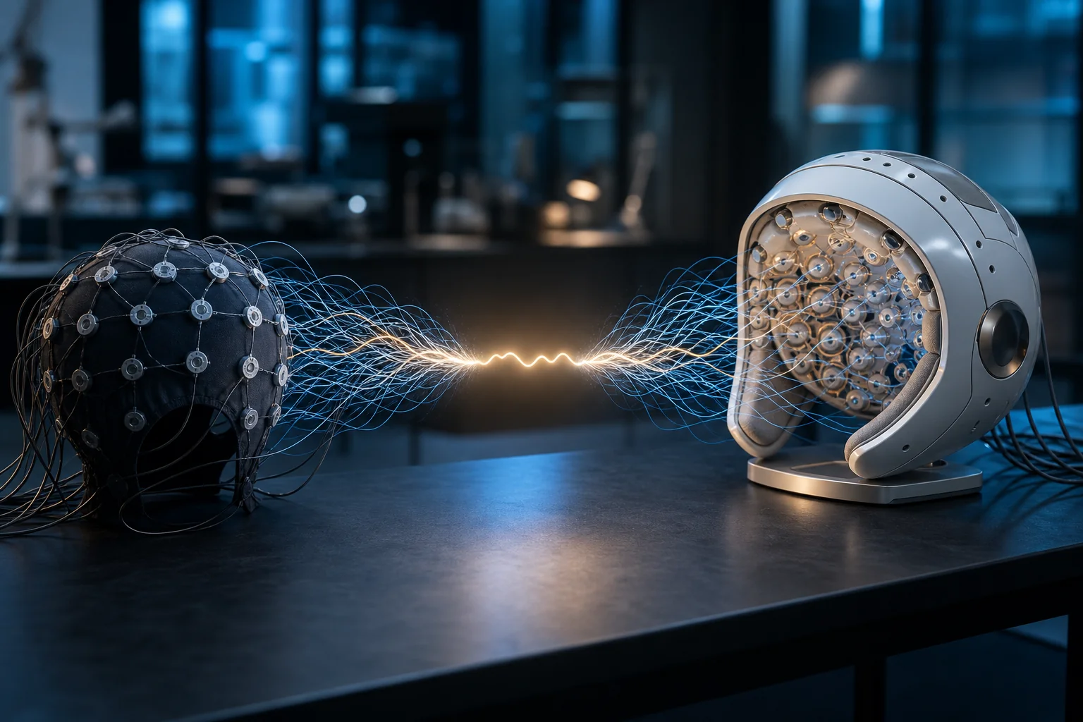 Two EEG-style head caps on a table, connected by glowing blue and orange signal lines in a lab setting.