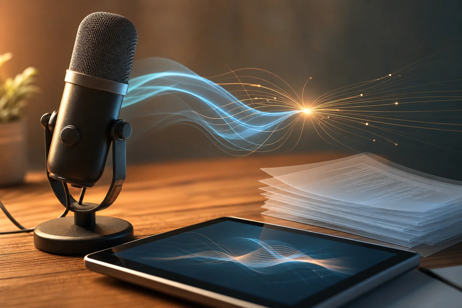 A studio microphone beside a tablet and papers, with glowing wave lines suggesting speech and data transfer.