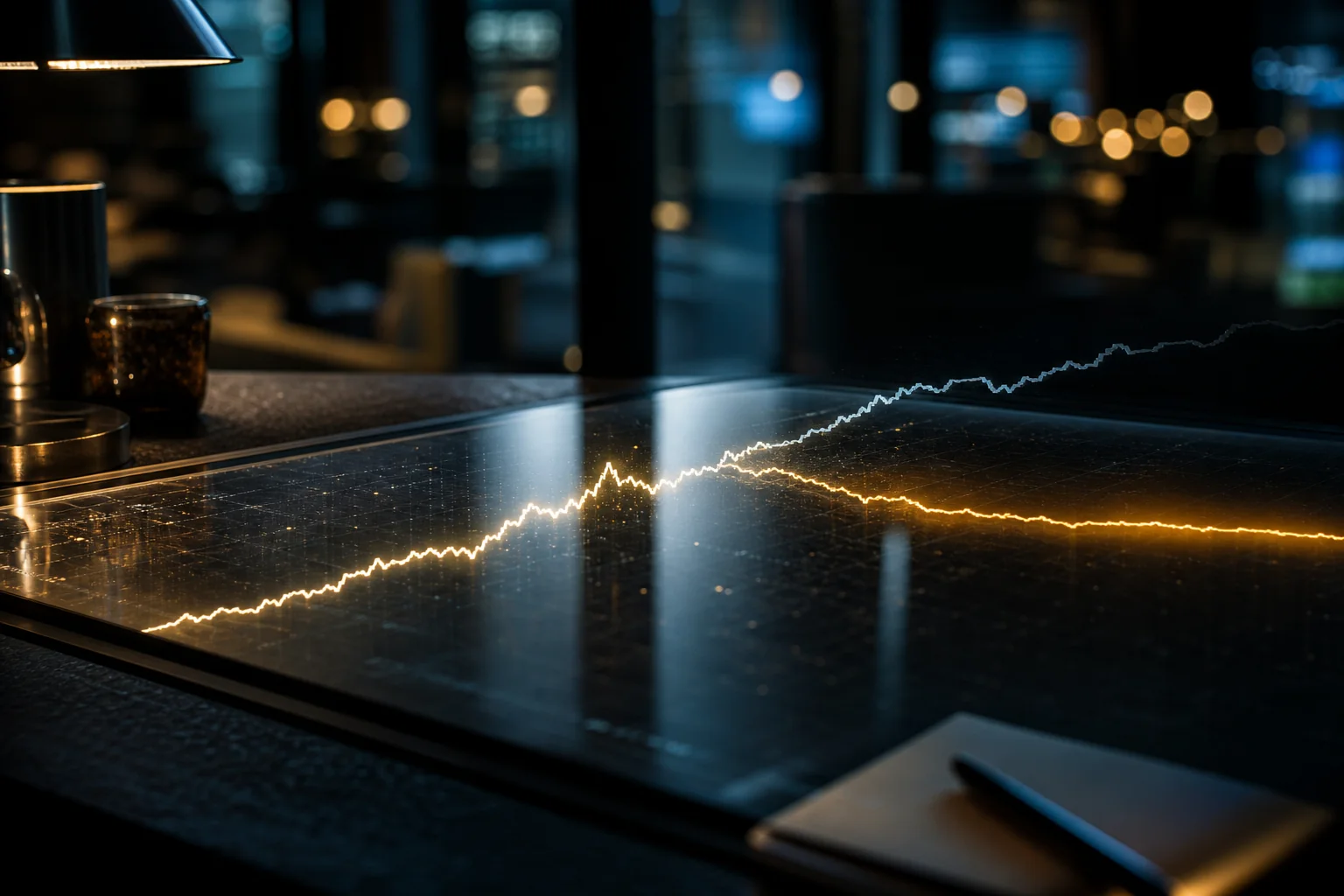 Glowing stock chart lines on a glass tabletop in a dim room with blurred city lights.