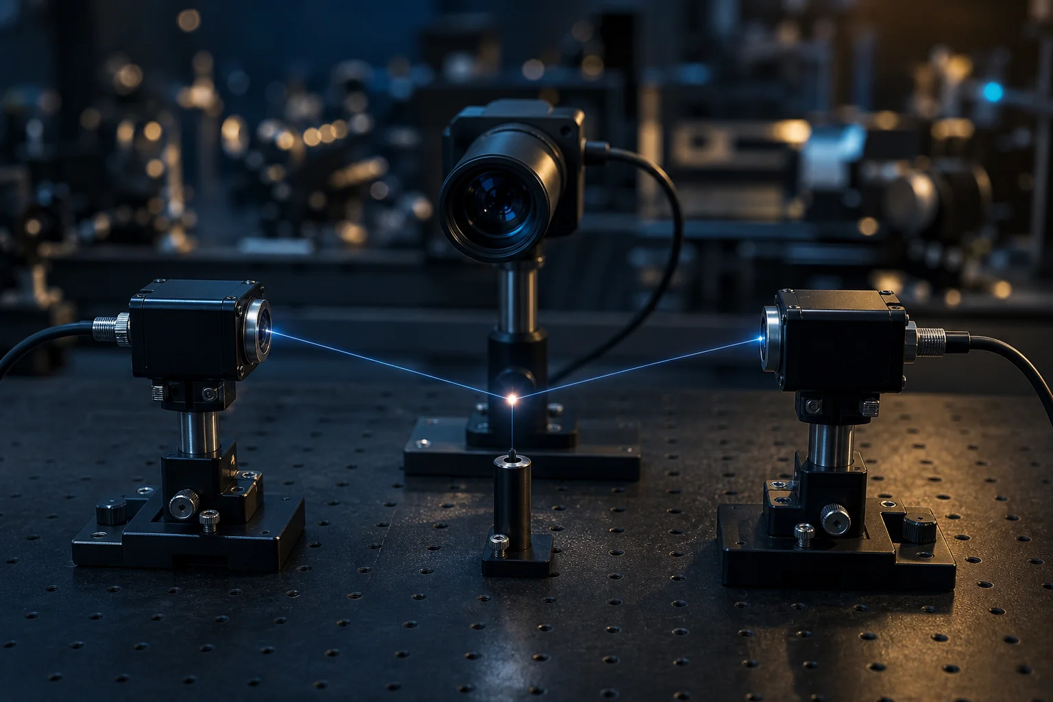 Three black optical sensors on a lab table measure a glowing point with blue laser-like lines in a dim laboratory.