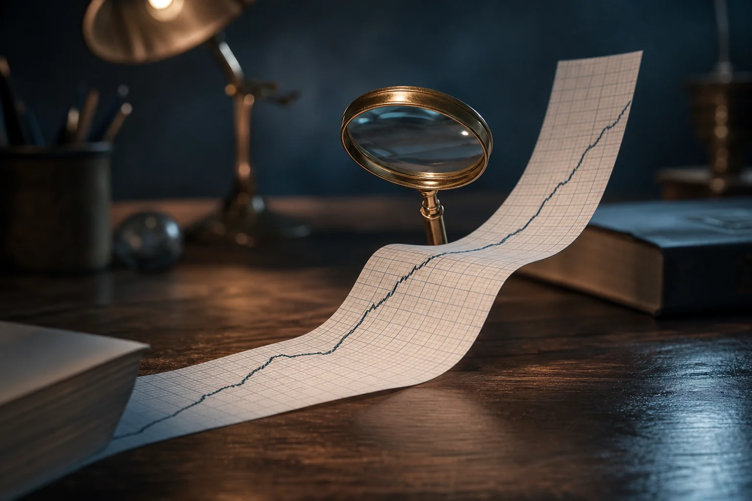 A magnifying glass over a rising graph on graph paper, lit warmly on a desk.
