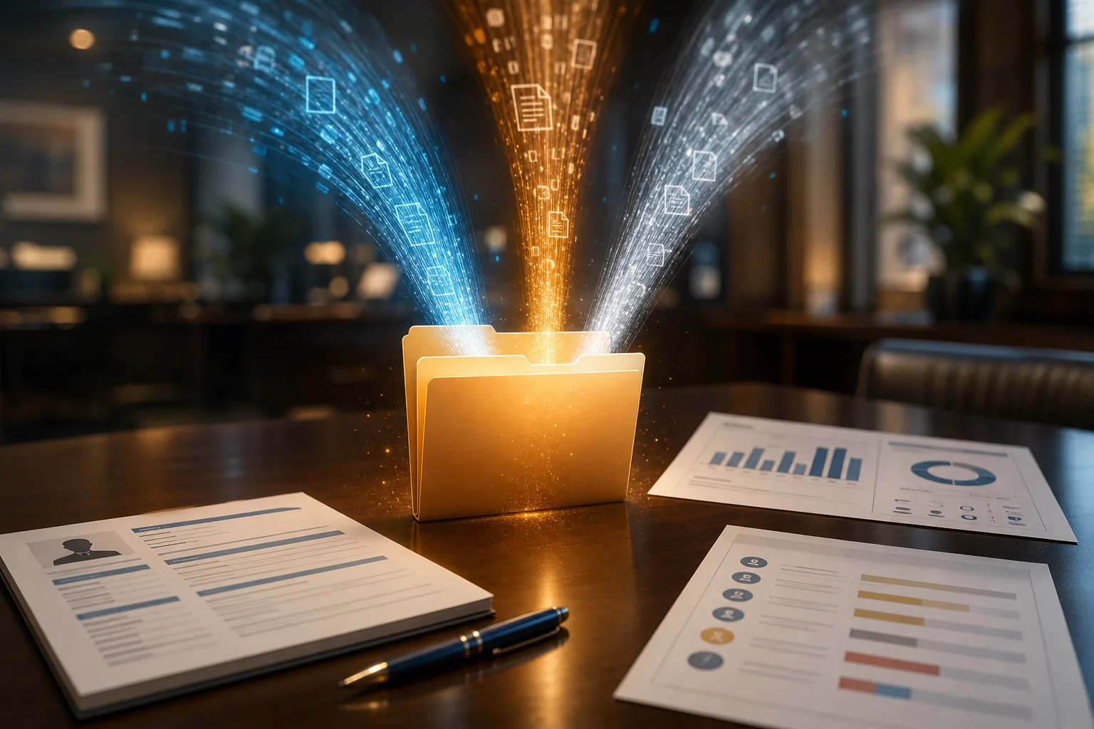 Manila folder on a conference table with glowing data streams and printed charts around it.