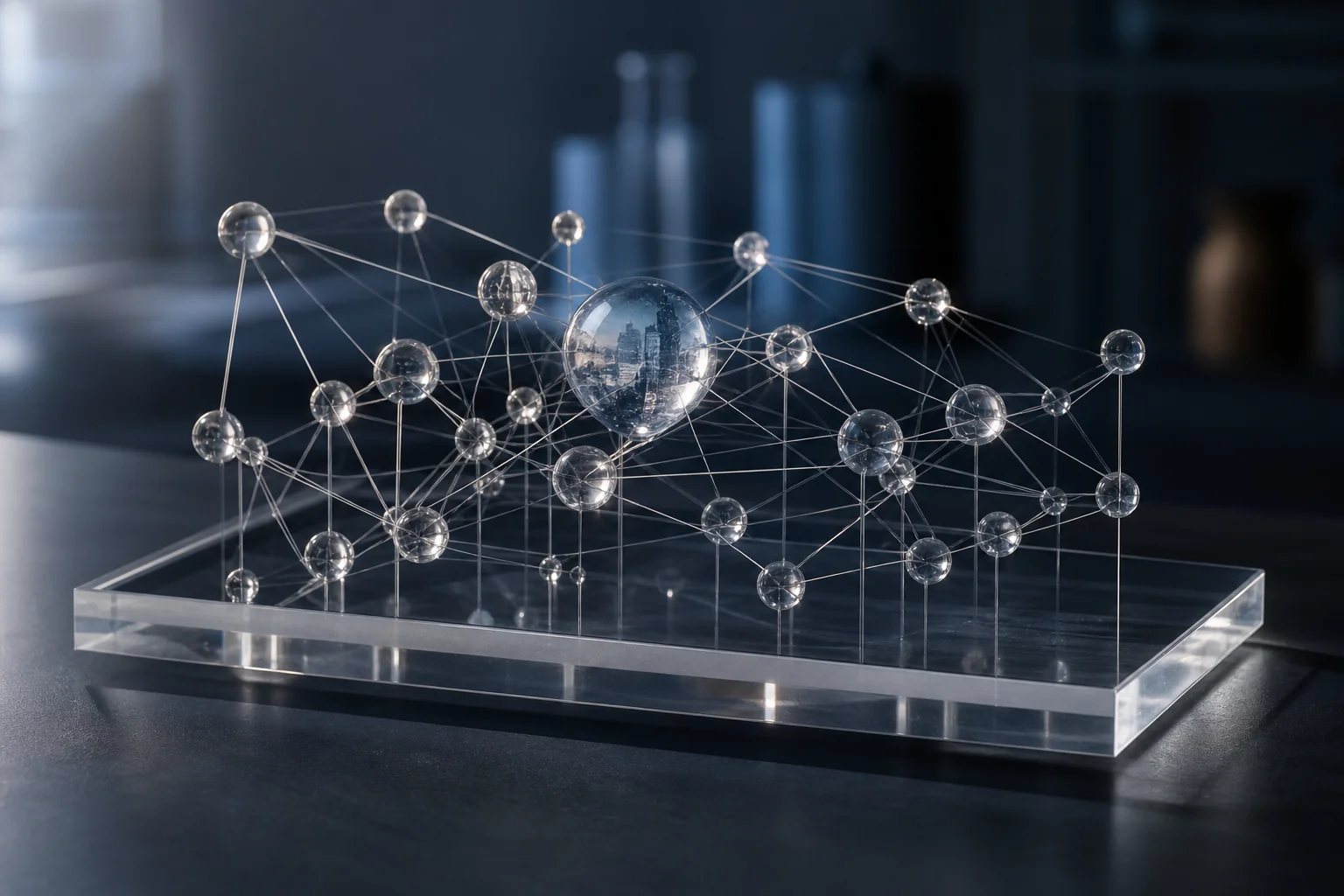 Transparent spheres connected by thin lines on a clear base, forming a network model in a dark studio.