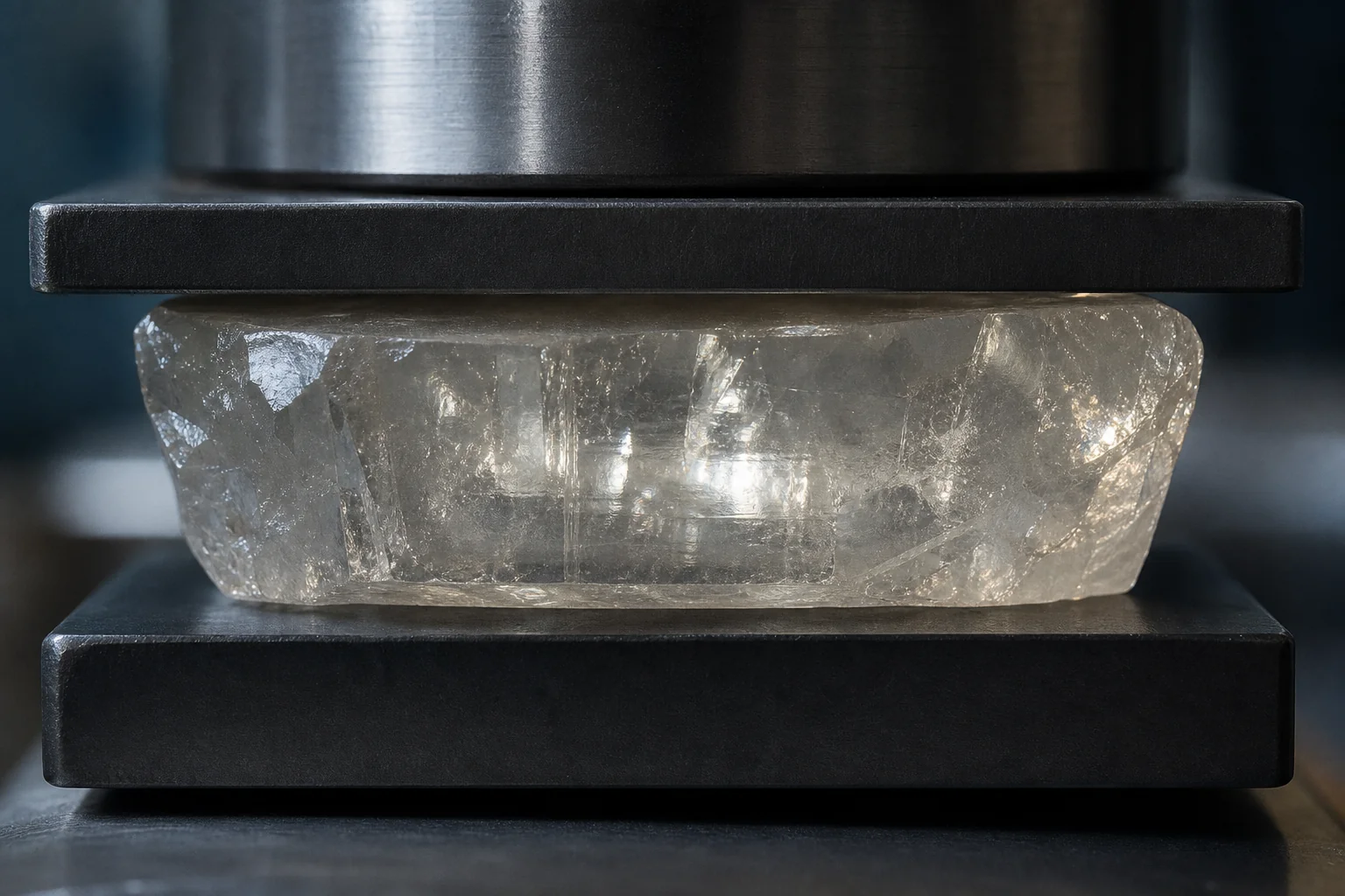 Clear crystal slab compressed between two black metal plates under studio lighting.