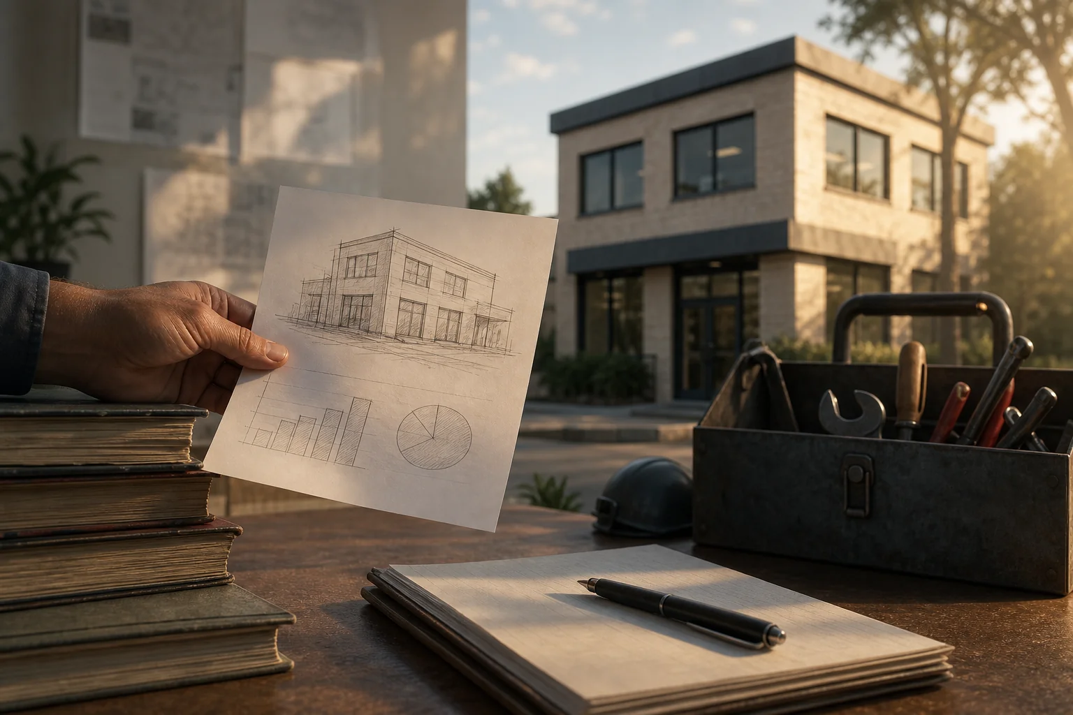 Hand holding a sketch of a building beside notebooks, tools, and a modern house in warm sunlight.
