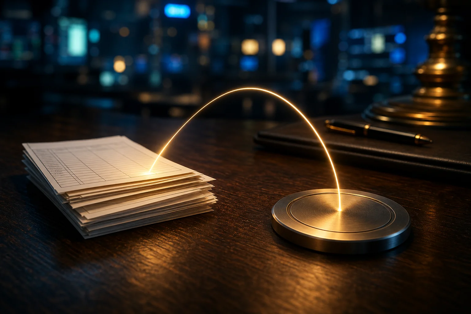 A stack of paper forms on a desk connects by a glowing arc to a metal disk, with a blurred office background.