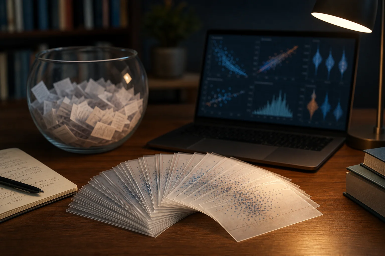 A desk with stacked transparent cards, a bowl of paper slips, and a laptop showing charts under a lamp.