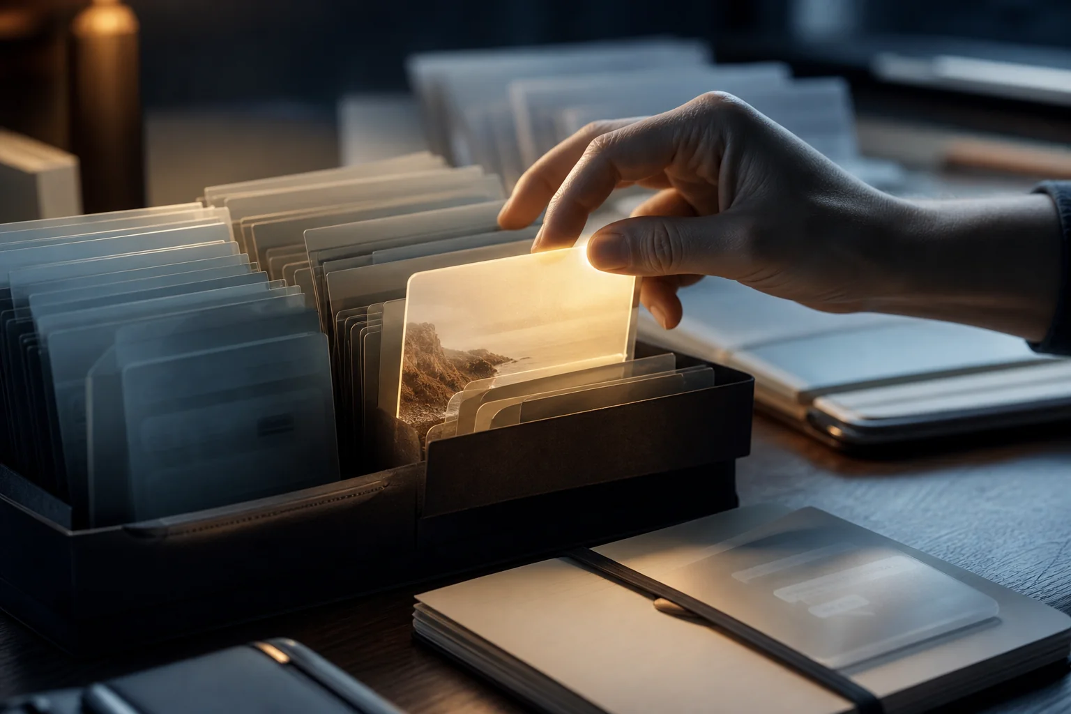 A hand sorts translucent photo cards in a desk organizer beside a closed notebook.
