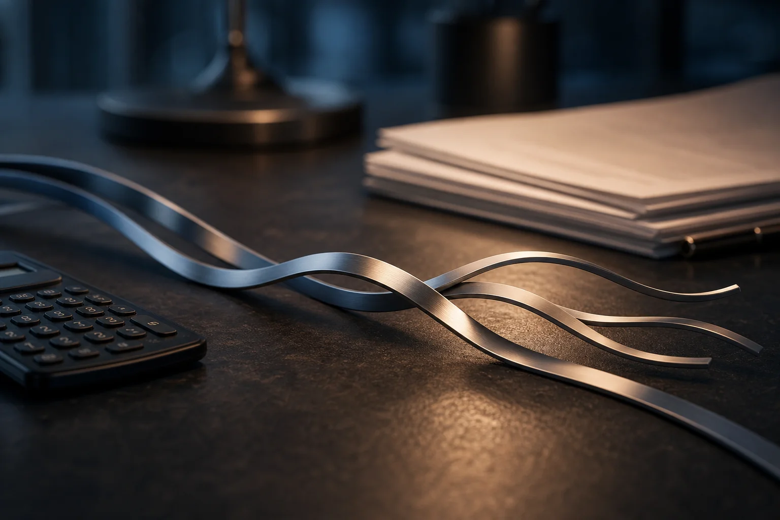 Metallic wavy strips on a desk beside a calculator and stacked papers in soft light.