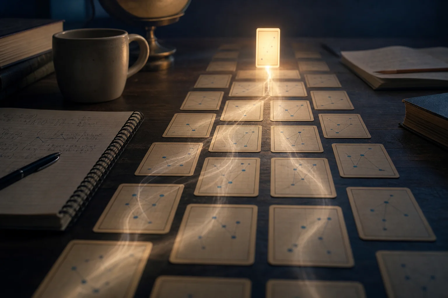 Glowing card among scattered diagram cards on a dark desk beside a mug, notebook, and books.