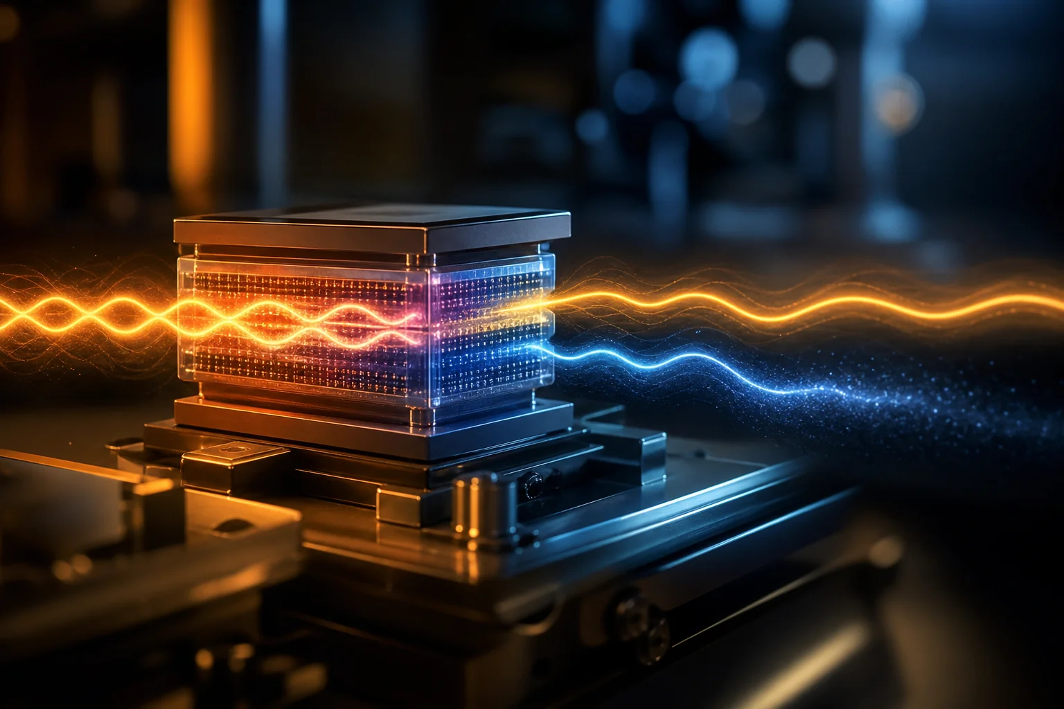 A glowing transparent electronic module on a dark platform with orange and blue light waves crossing through it.