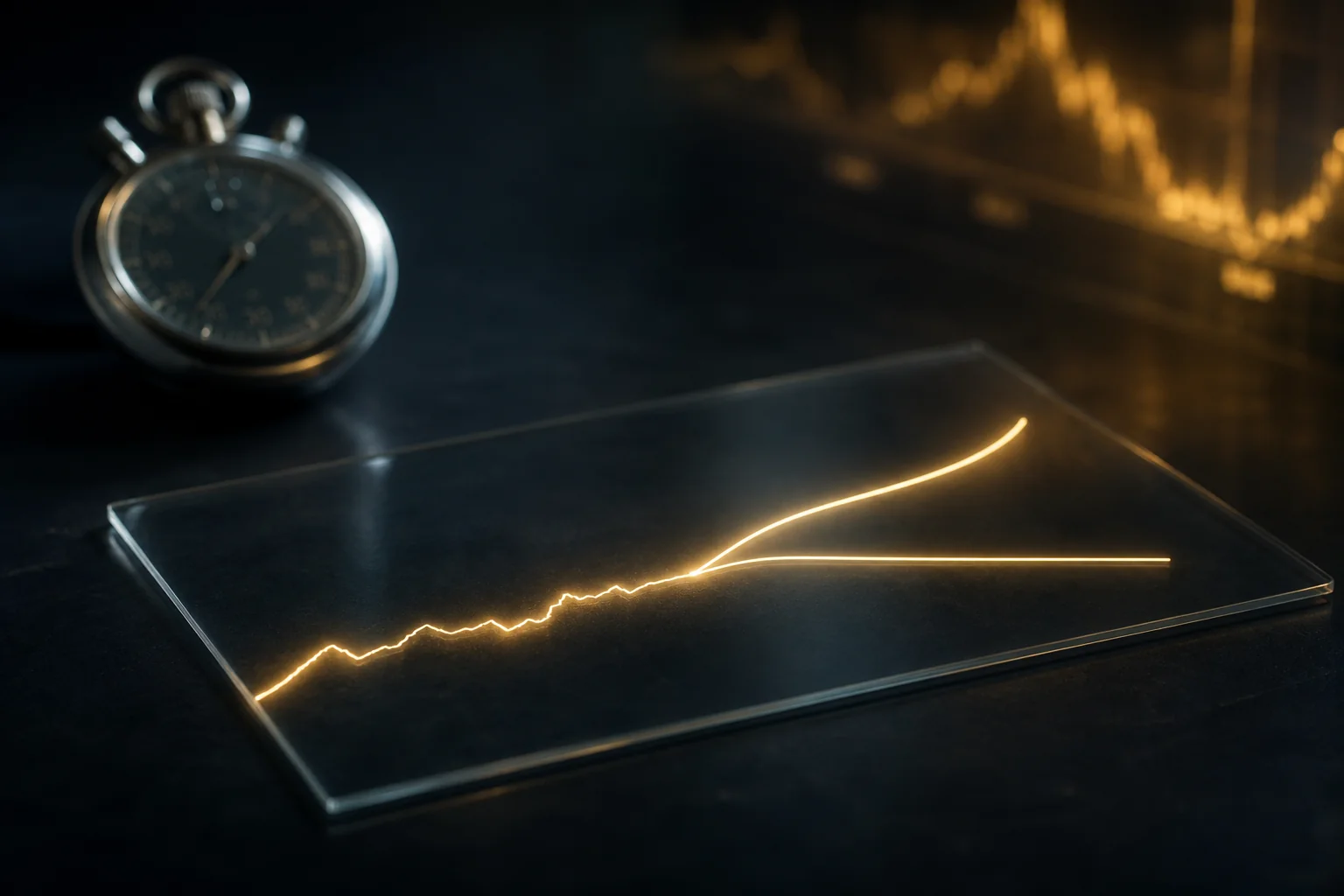 Glowing line graph on a clear panel beside a stopwatch, with a dark background and amber reflections.