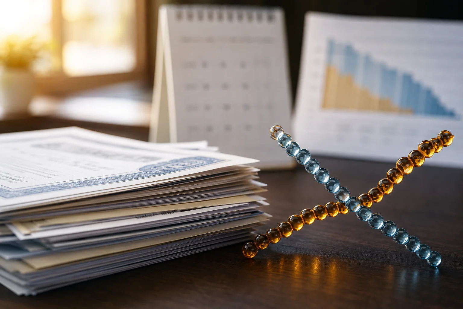 Two bead-like curves cross on a desk beside stacked papers, a calendar, and a blurred chart in warm light.