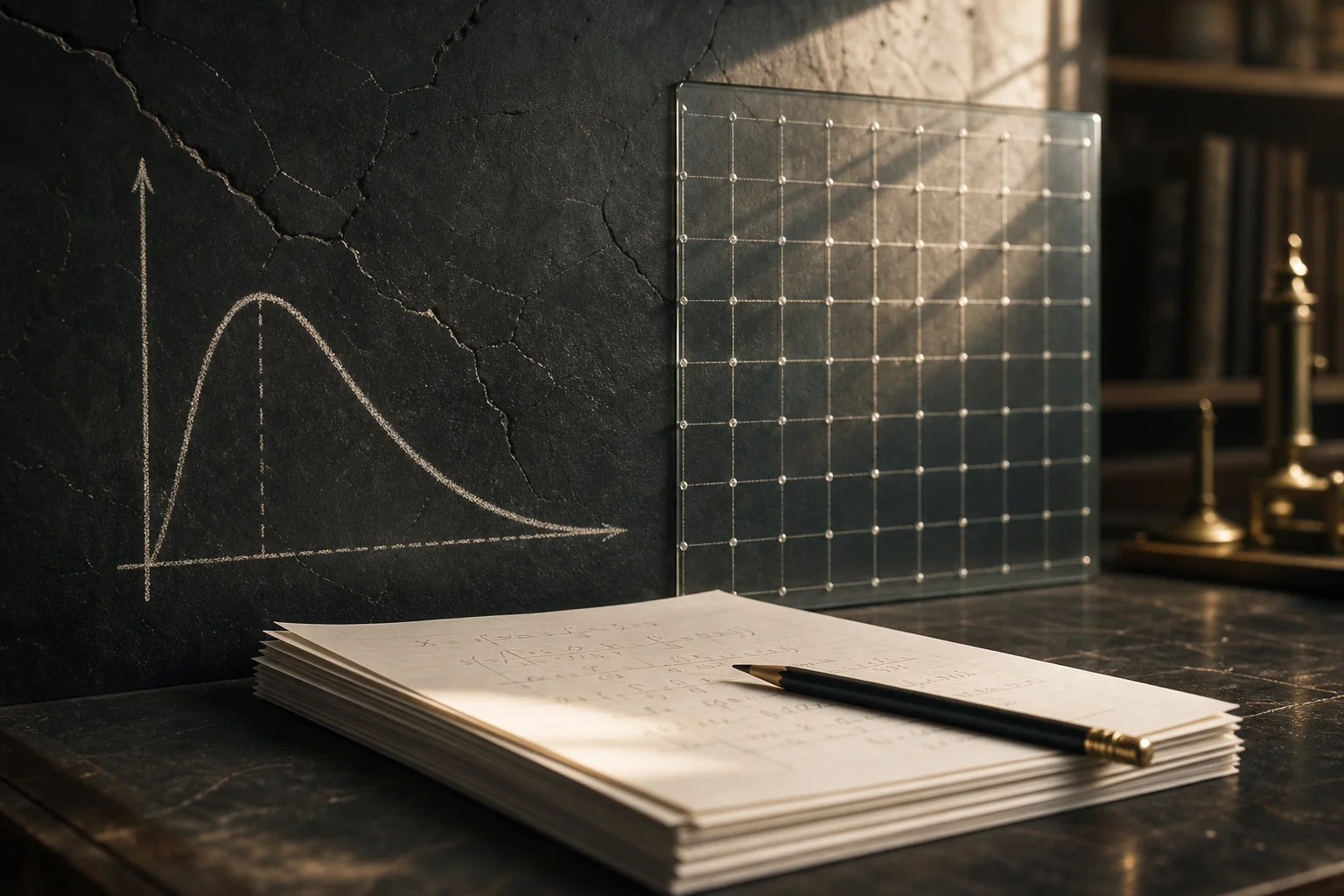 Stack of papers with a pencil beside a chalk graph and a clear grid panel on a dark desk.