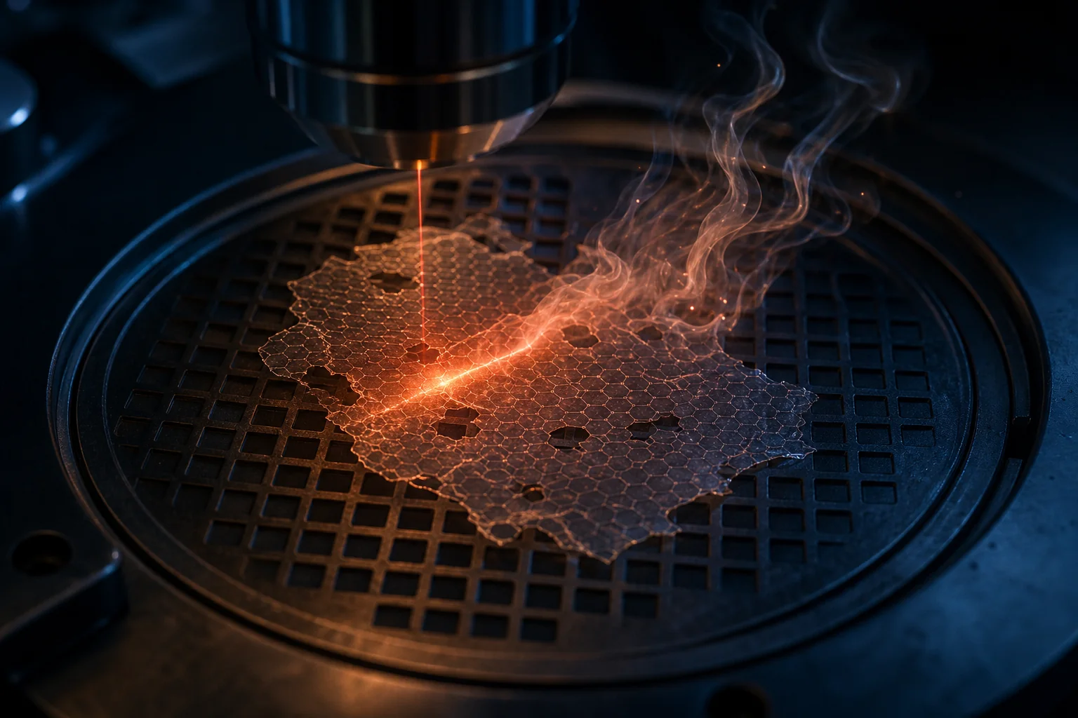 A laser beam strikes a thin sheet on a circular stage, with glowing smoke rising in a dark laboratory scene.
