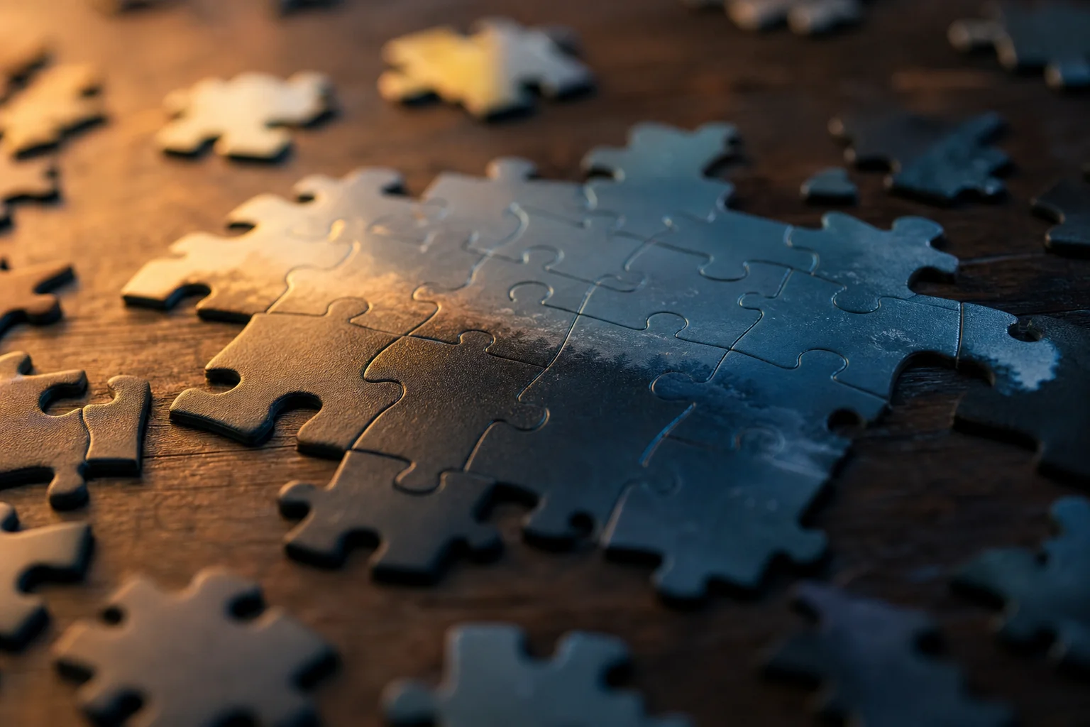 Scattered jigsaw puzzle pieces on a wooden surface under warm, soft light.
