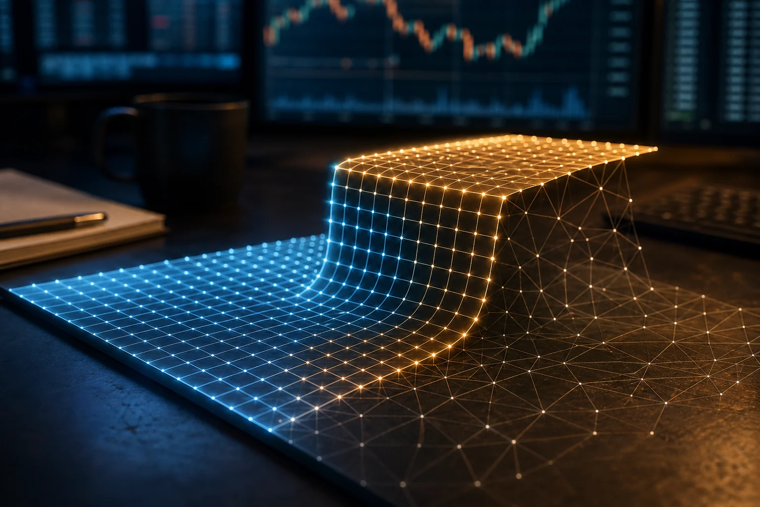 Glowing blue and amber wireframe surface rises on a desk, with blurred financial charts in the background.