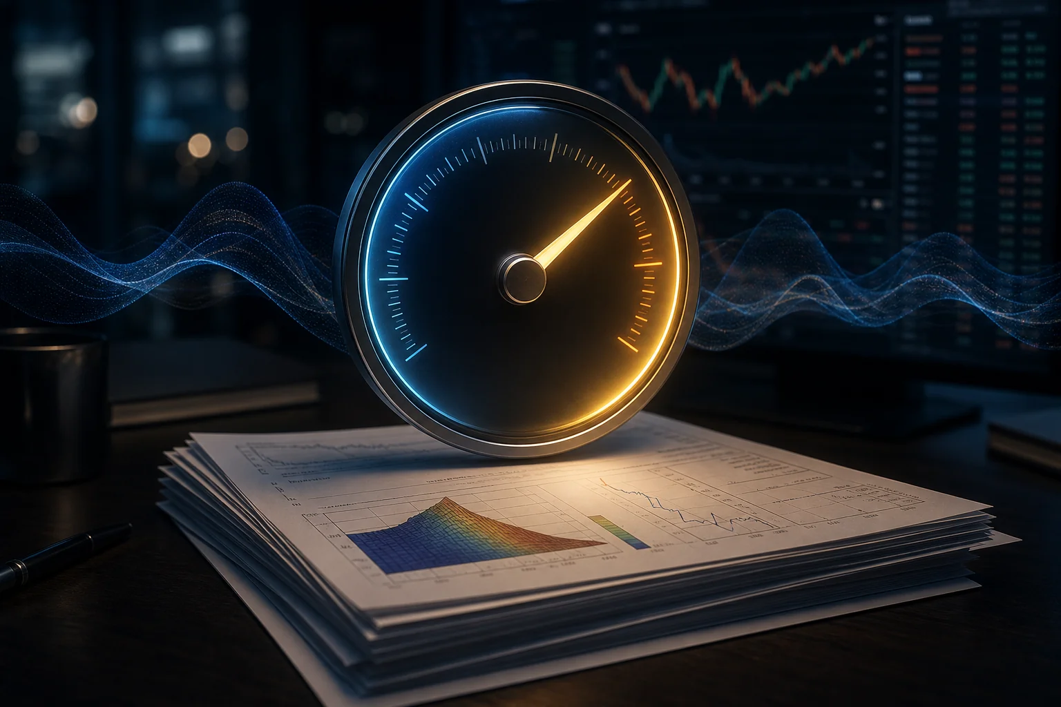 Glowing gauge hovers above stacked financial charts with blue wave lines in a dark office setting.