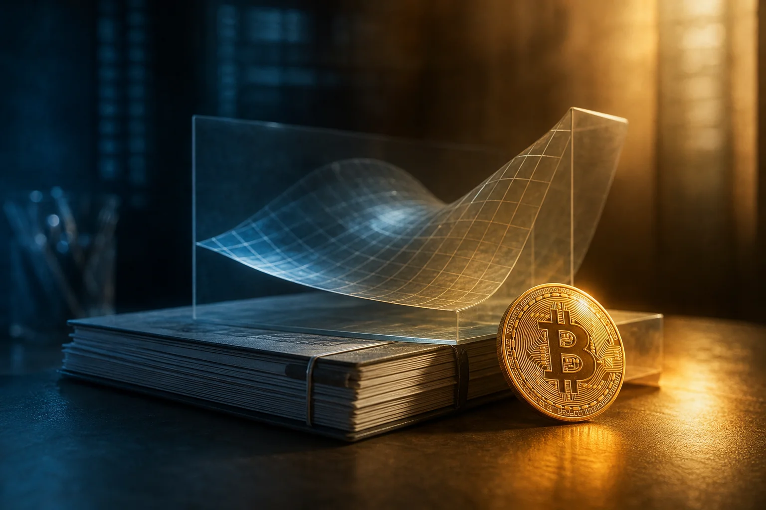 A gold Bitcoin coin stands beside a transparent wave chart on stacked books, lit by warm side light.
