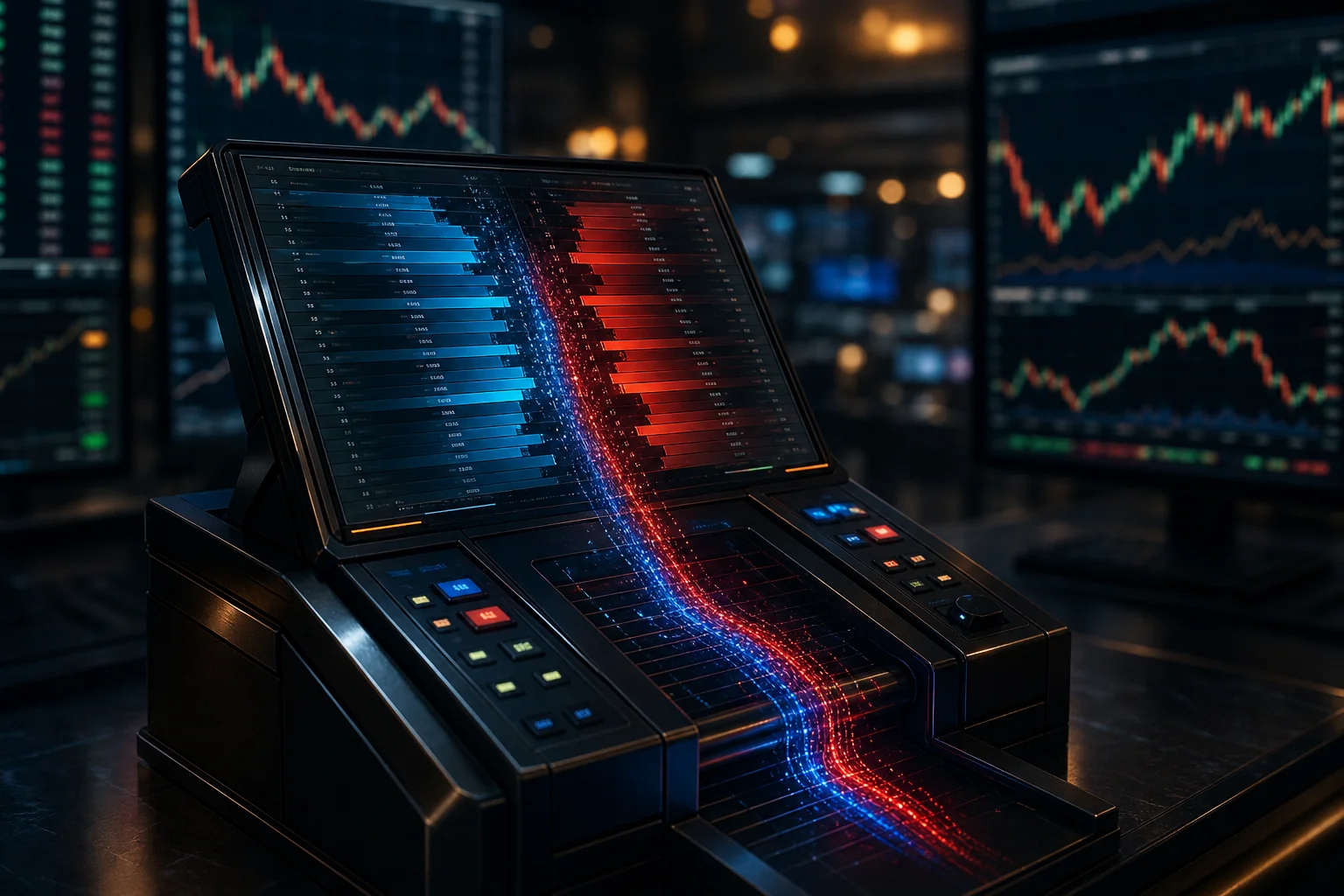 Futuristic trading console with blue and red market data screens in a dark control room.