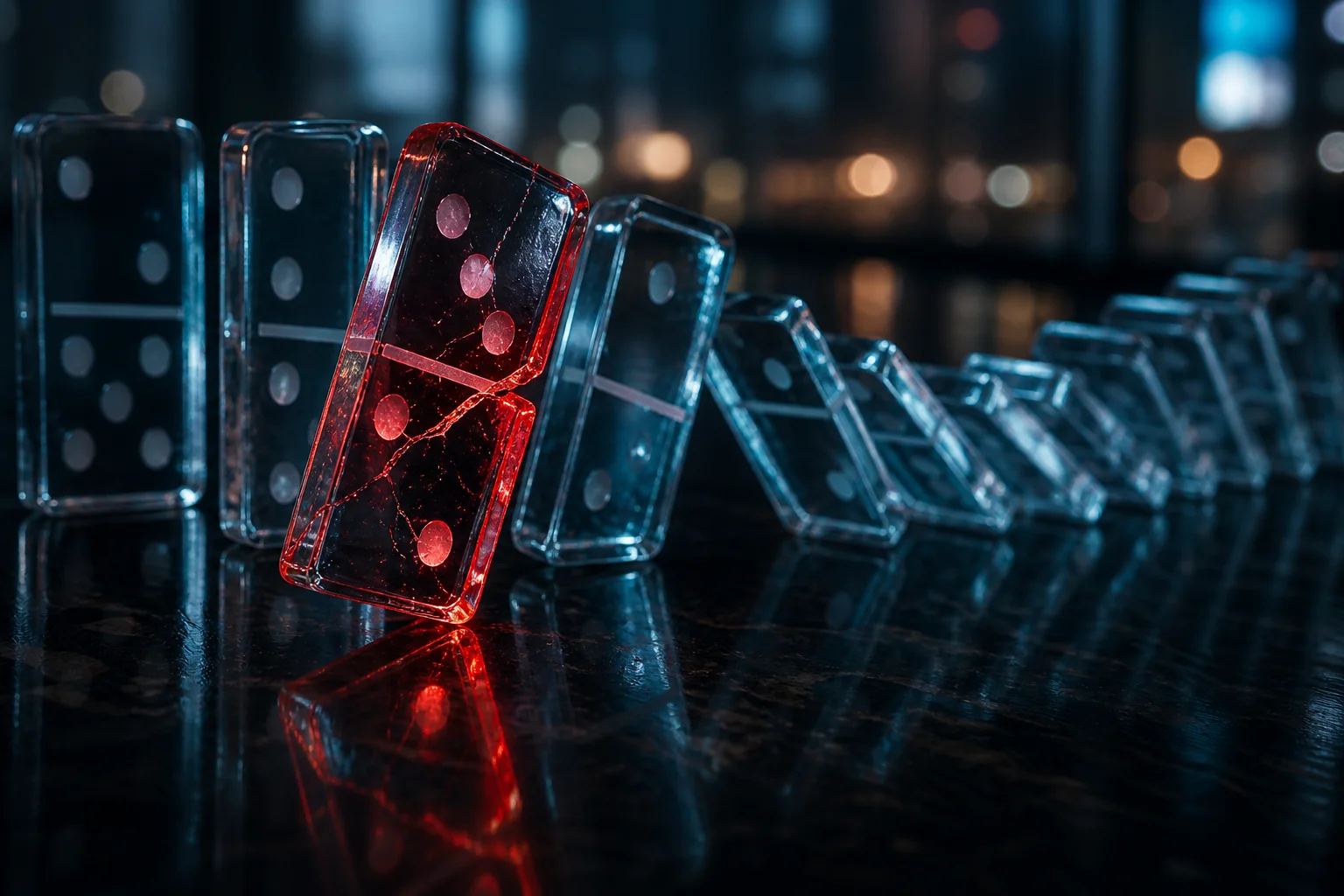 Transparent domino tiles line up on a glossy surface, with one red tile tilted forward in a dim, blurred setting.