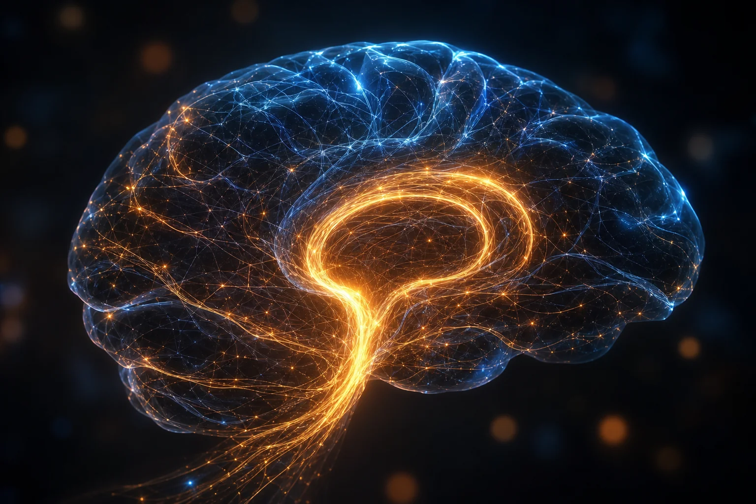 Glowing blue and orange brain made of neural خطوط on a dark background.