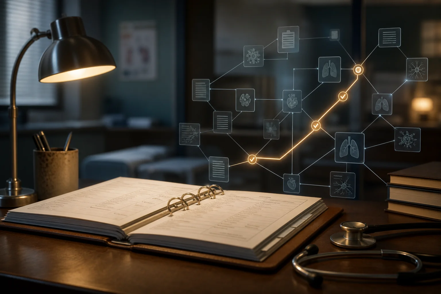 Open medical binder on a desk beside a lamp and stethoscope, with glowing diagnostic icons projected in the air.