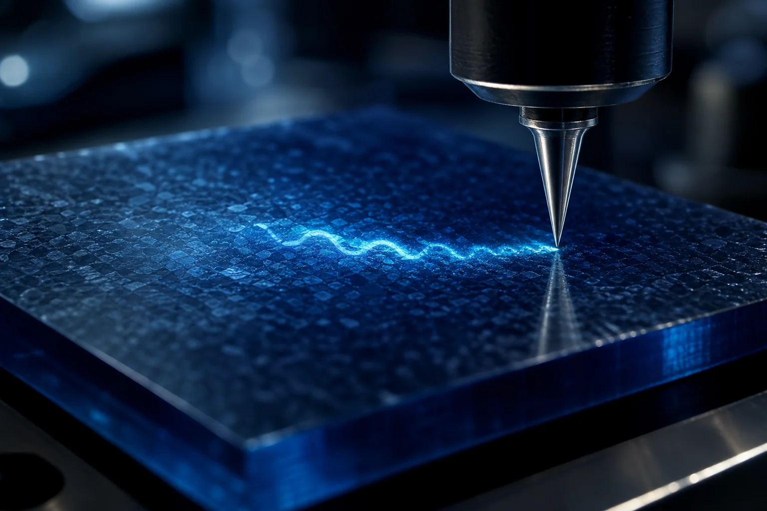 A microscope probe hovers over a blue crystalline chip with a glowing wave across its surface.