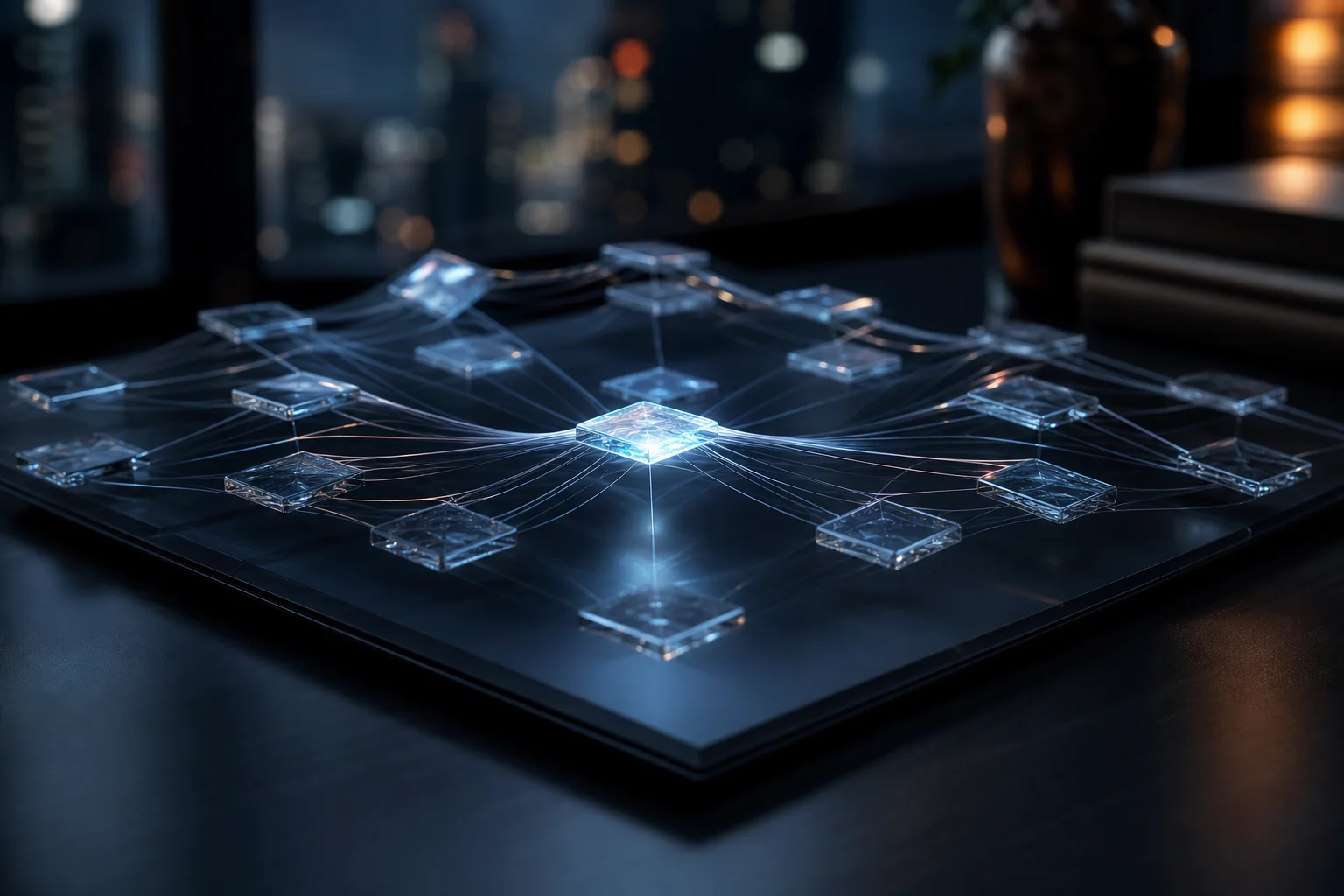 Glowing transparent tiles connected by lines on a dark tabletop, with a blurred city backdrop.