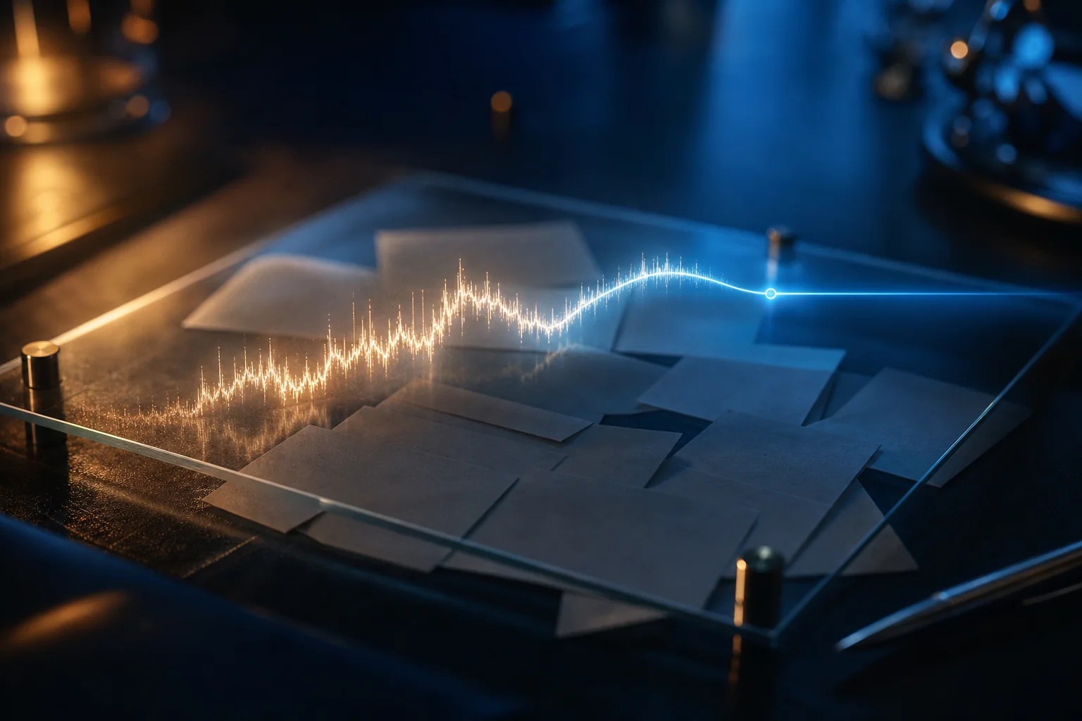Glowing price chart on a glass panel over stacked papers in a dark blue setting.