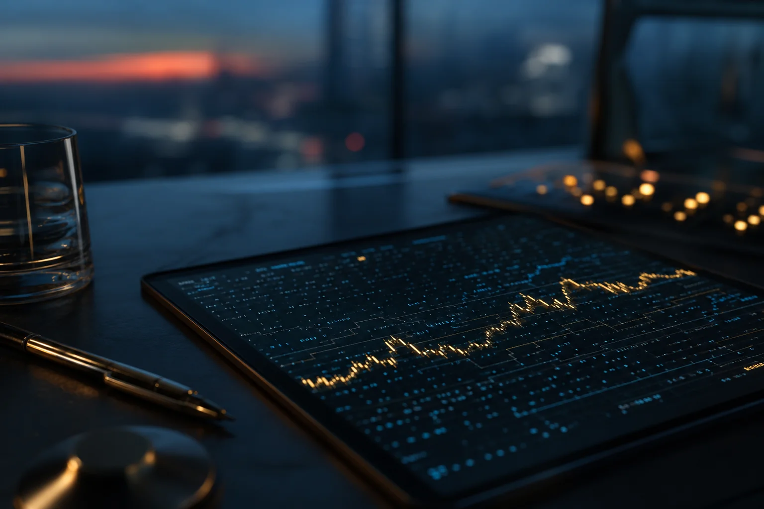 A tablet on a desk displays a glowing financial chart beside a pen and glass.