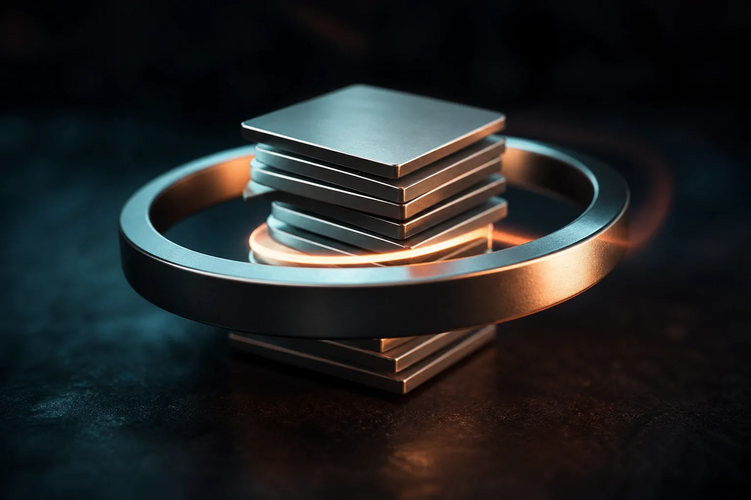 Stacked metallic squares encircled by a glowing ring on a dark reflective surface.
