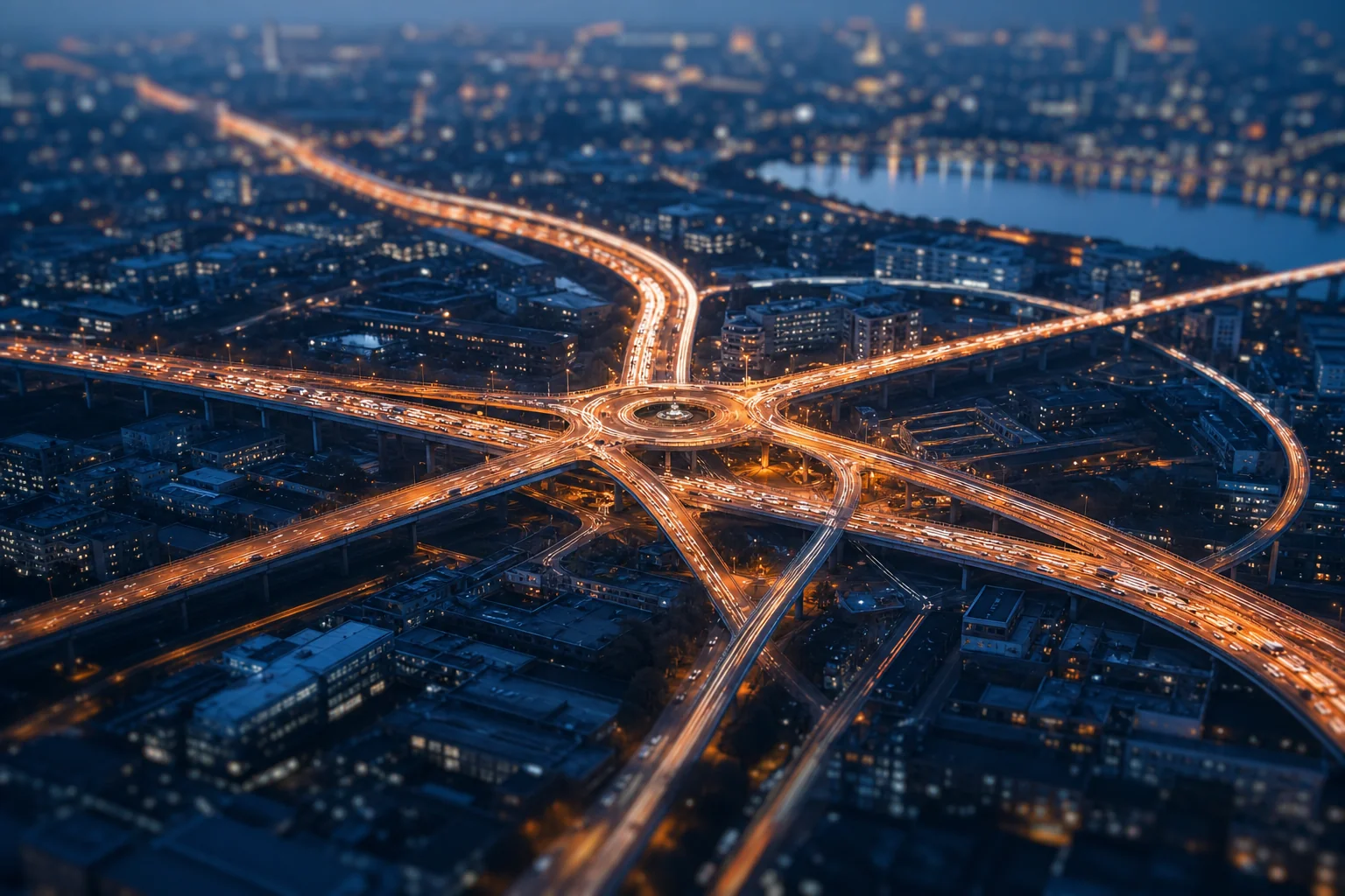 Aerial view of a glowing highway interchange at dusk, with streams of car lights crossing over a city.