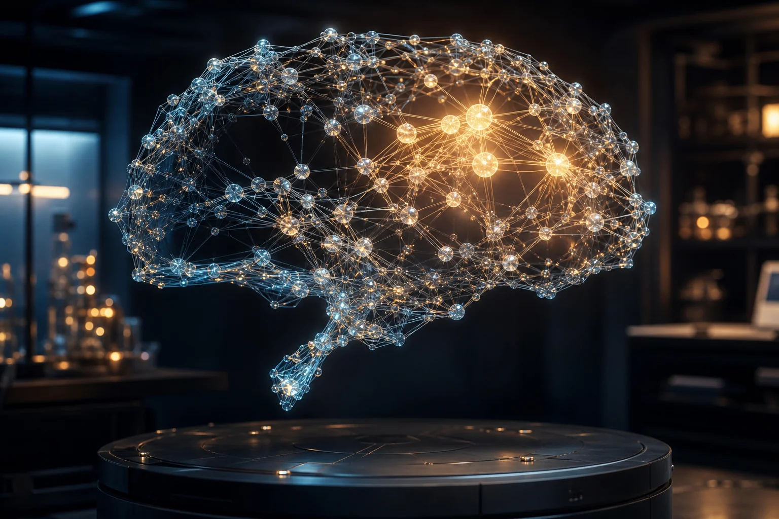 A glowing wireframe brain floats above a dark pedestal in a dim laboratory setting.