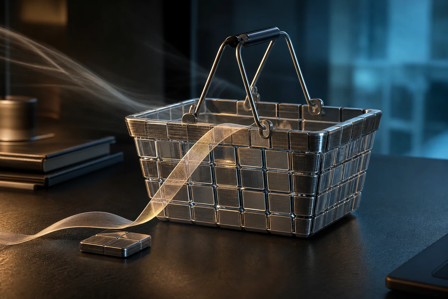 A metallic basket on a dark desk with a translucent ribbon spilling out in a dim blue-lit room.