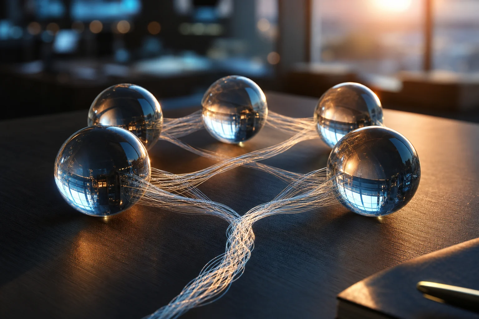 Five reflective glass spheres linked by thin threads across a dark table in warm light.
