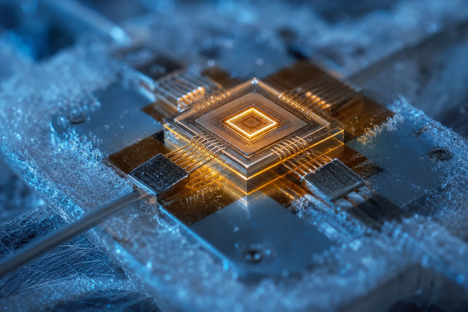 Glowing chip-like device on a frosty blue surface with thin connecting wires.