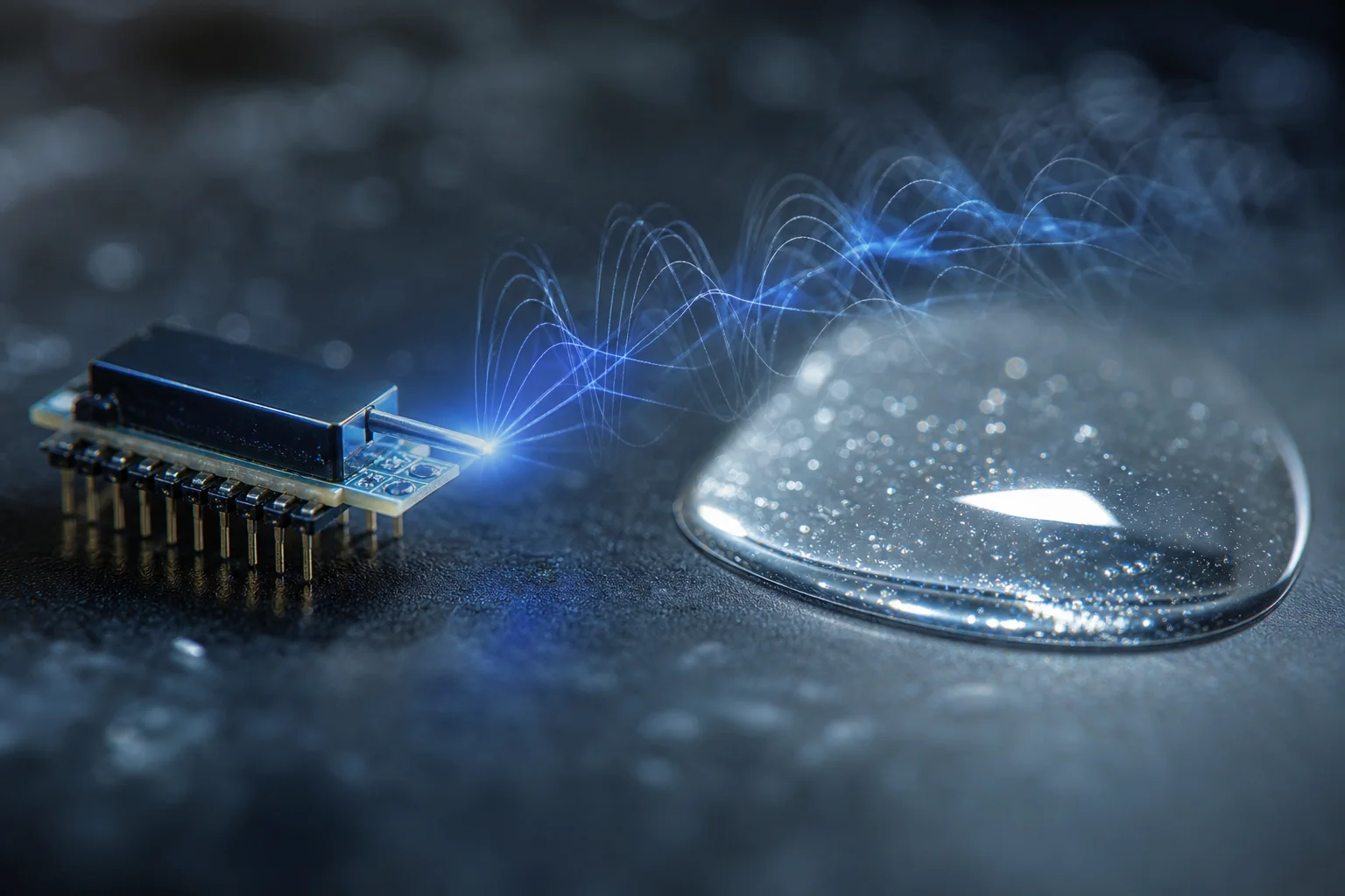 A small electronic sensor beside a clear droplet on a dark surface, with blue wave-like light between them.