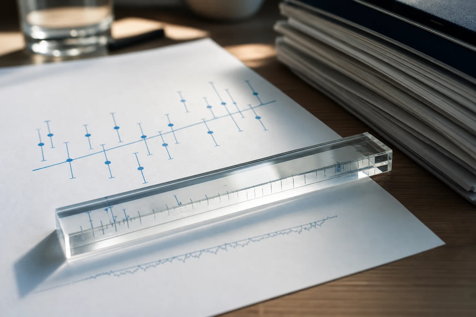 Printed charts with error bars under a clear ruler on a wooden desk beside stacked papers and a glass.