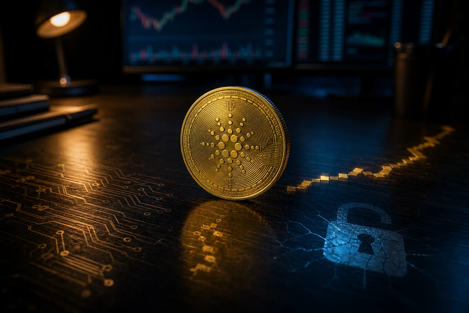 Gold-colored cryptocurrency coin stands on a dark desk with chart screens glowing in the background.