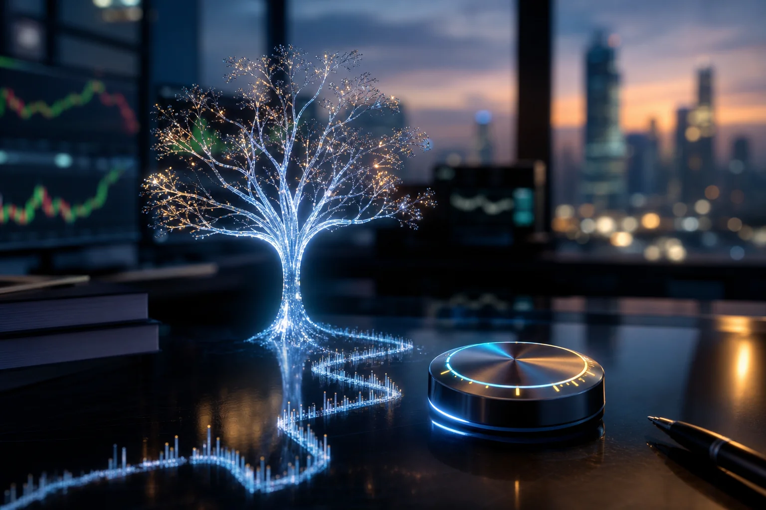 Glowing digital tree beside a circular device on a desk, with blurred stock charts and a city skyline in the background.