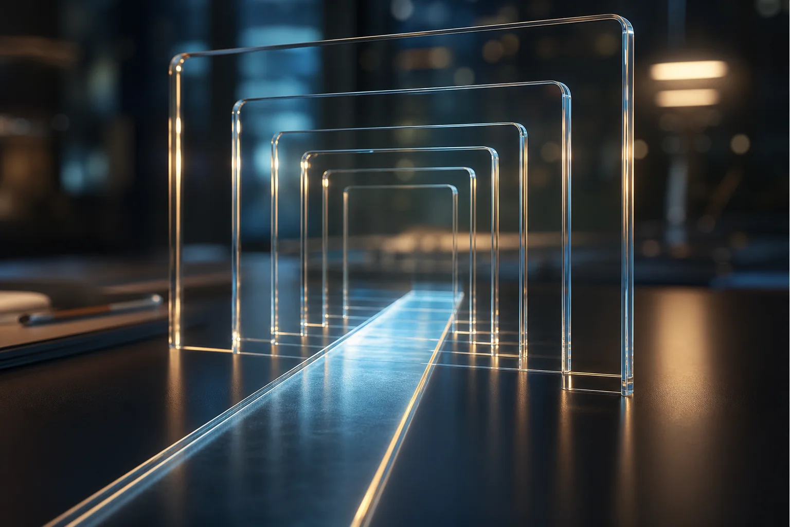 Transparent nested rectangular frames stand over a glowing blue path on a dark tabletop.