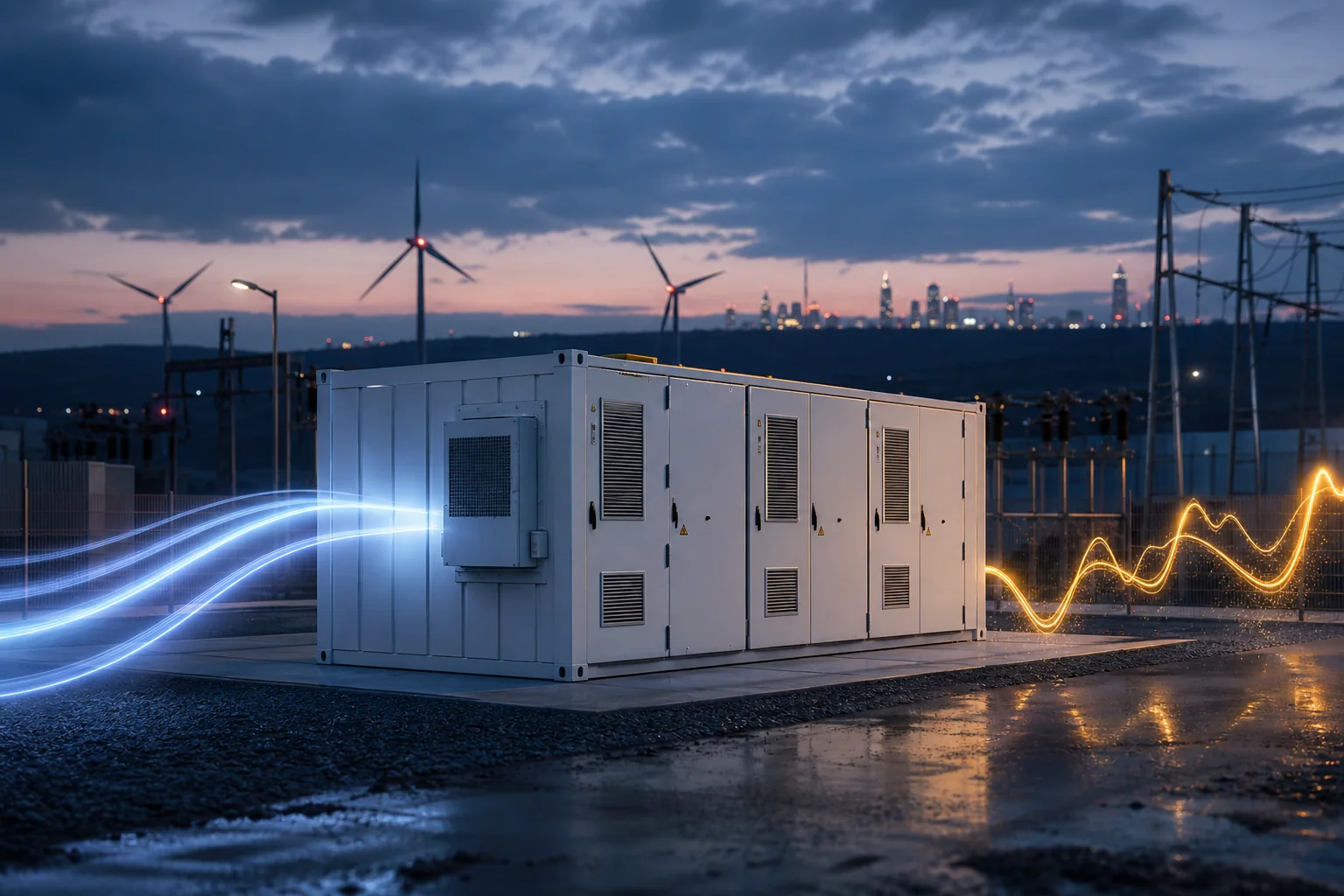 Large white battery storage container in an industrial yard at dusk with wind turbines and city lights behind it.