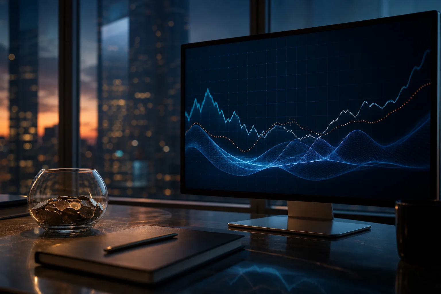 Desk with a monitor showing stock-style charts beside a bowl of coins in a city office at dusk.