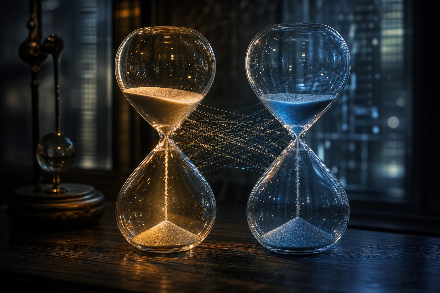 Two glass hourglasses sit on a dark table, linked by thin glowing strands, with a blurred city window behind them.